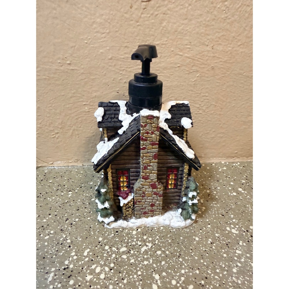 Winter Log Cabin Soap Dispenser Snow Covered Lake Lodge Moose Decor - Picture 5 of 6